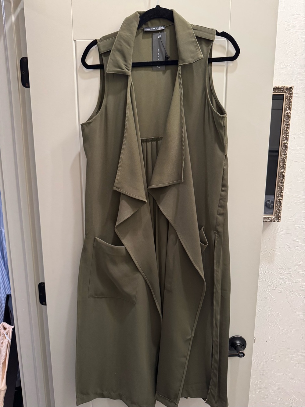 Black Tape_ Olive Sleeveless Draped Open-Front Cover-Up